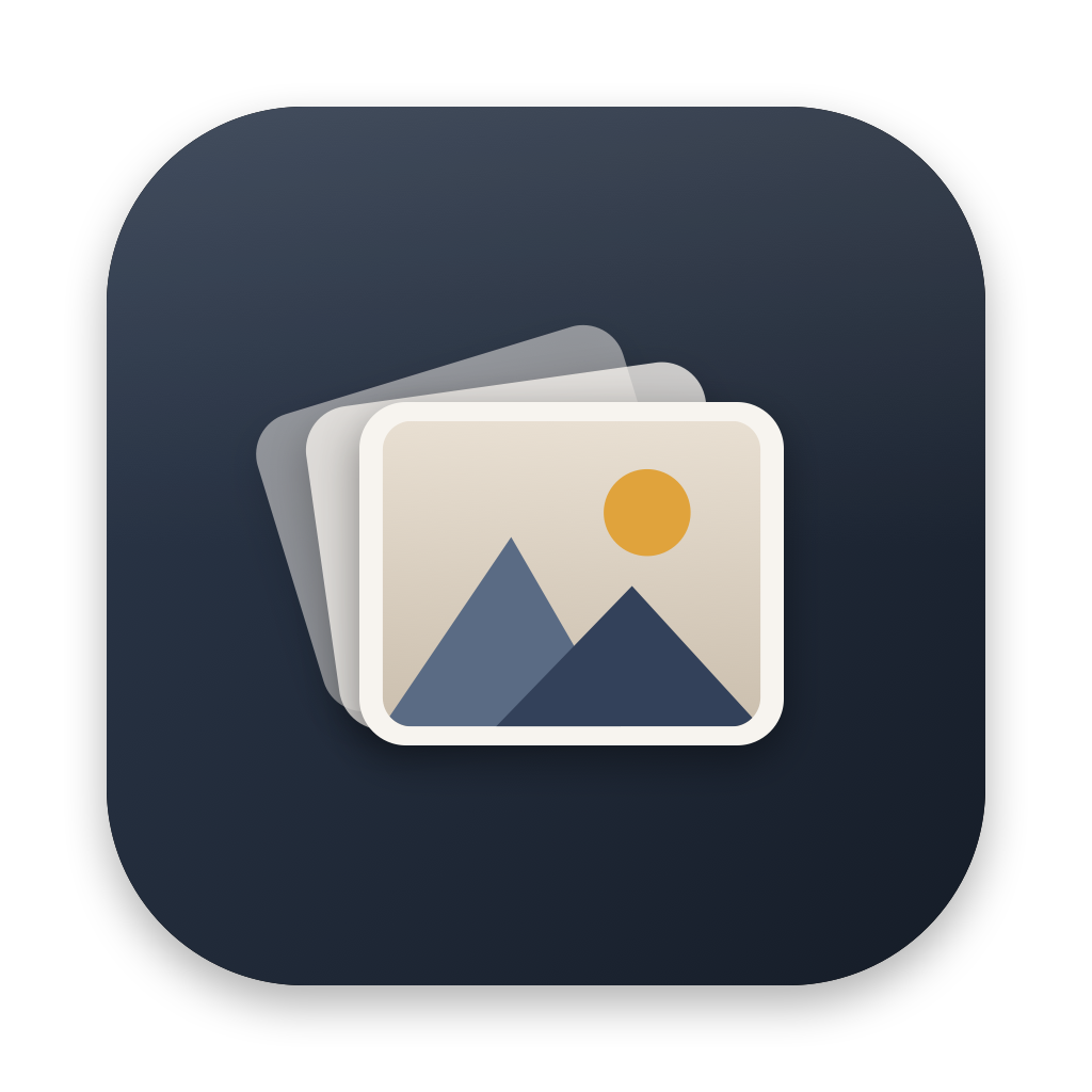 PhotoDrift app icon: a stack of photo cards on a dark rounded square